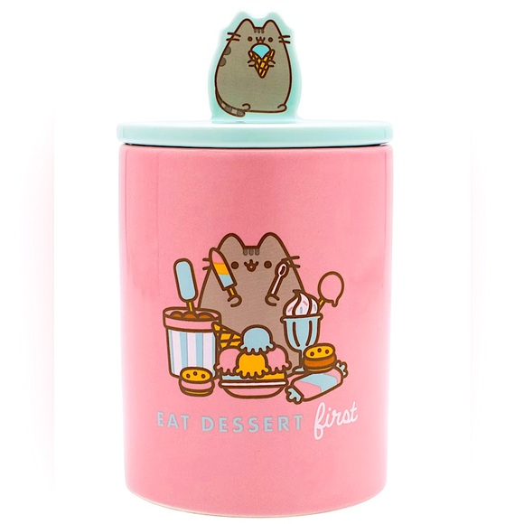 Pusheen Cat Kitchen Eat Dessert First Pink Ceramic Treat Jar Canister NWT - Picture 1 of 6